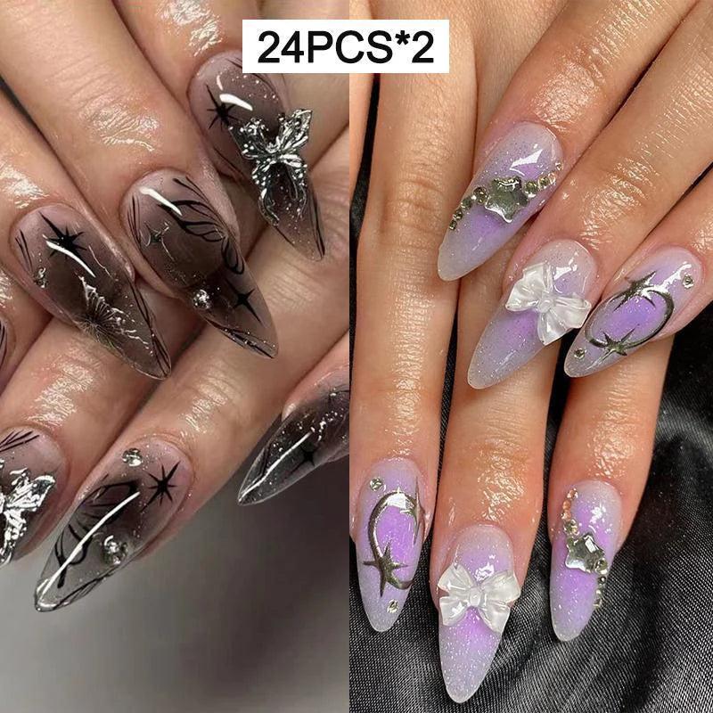 Gradient 3D Butterfly Decor Press on Fake Nail for Women & Girls Nail Art, 24Pcs/Set Rhinestone Decor Fashion Press on Nails & Jelly Tape & Nail File, Elegant Stick on Nails Kit for Women'S Gift, Nail Kit Acrylic Set