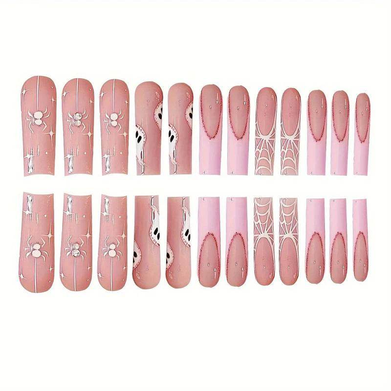 Glossy Pink Edge Ghost Spider Web Fake Nails with Jelly Glue & Rubbing Strip, 24Pcs Artificial Full Covers Nail Art Kit, Halloween Accessories, Nail Transitions