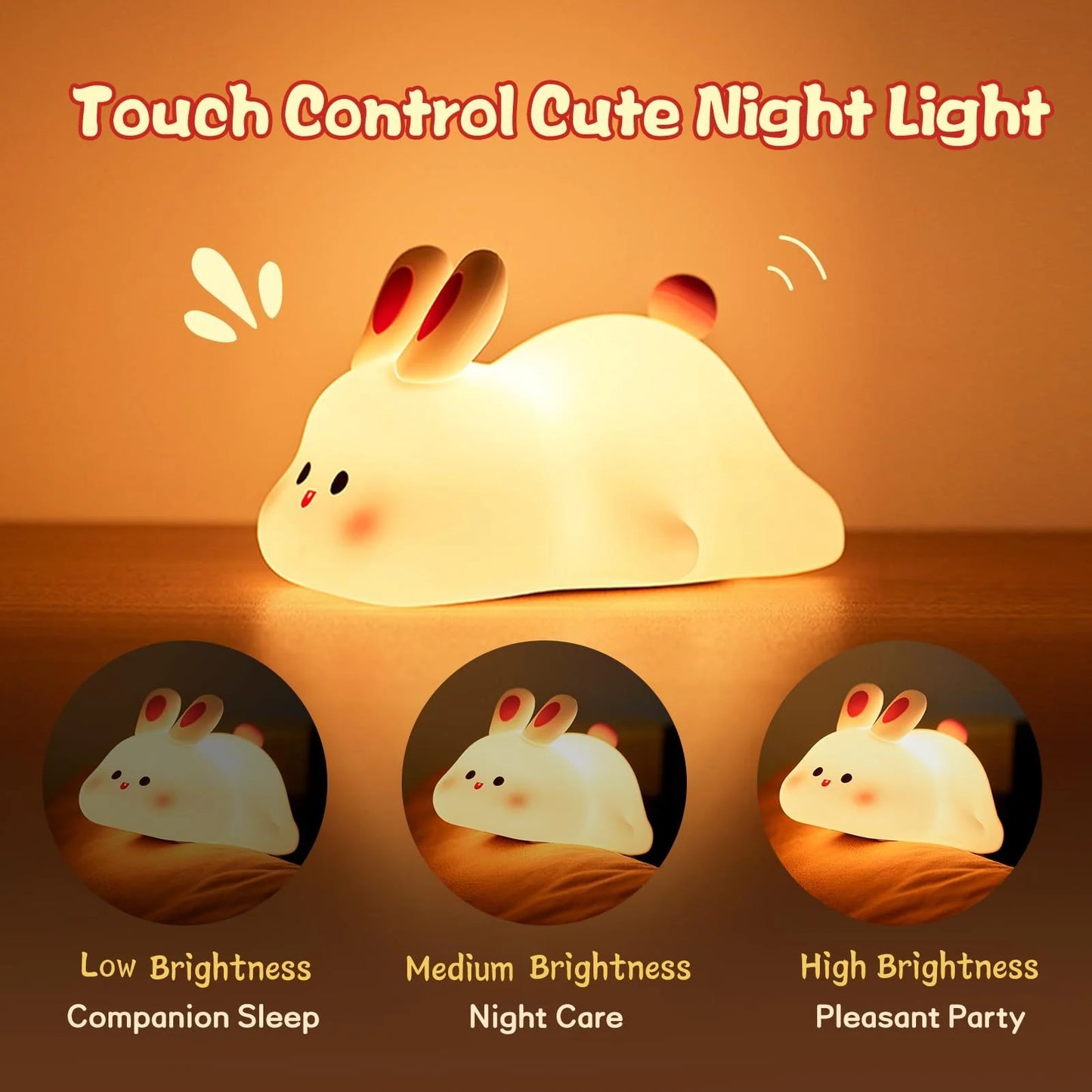 Cute LED Night Light Touch Sensor Cartoon Kid'S Nightlights Big Face Rabbit Silicone Night Light Christmas Gift Bedside Lamp Home Decor