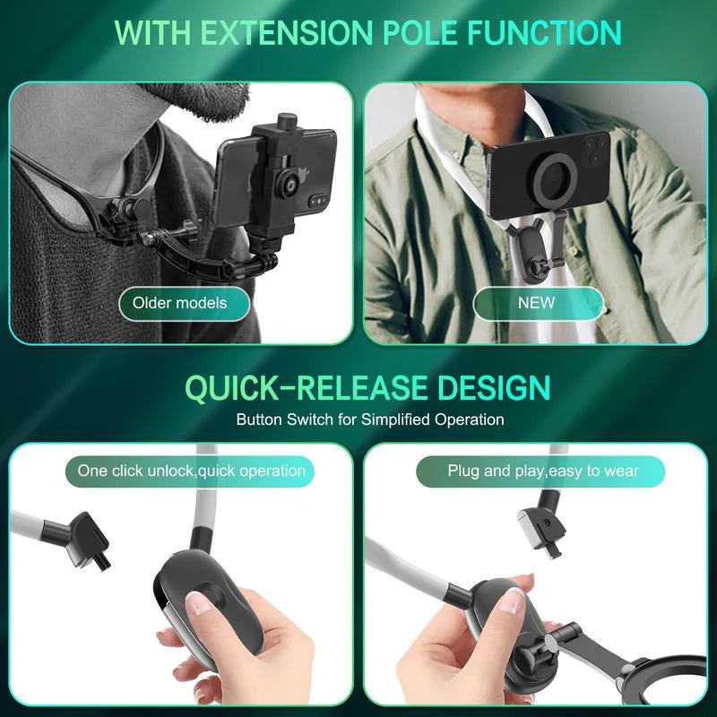 Magnetic Neck Mount for Phones, Neck Cell Phone Holder Pov/Vlog Selfie Mount Hand Free Phone Neck Holder Chest Stand Strap Video Recording for Iphone 16 15 14 13 12 Series Android Phones,Action Camera Accessories Smartphone