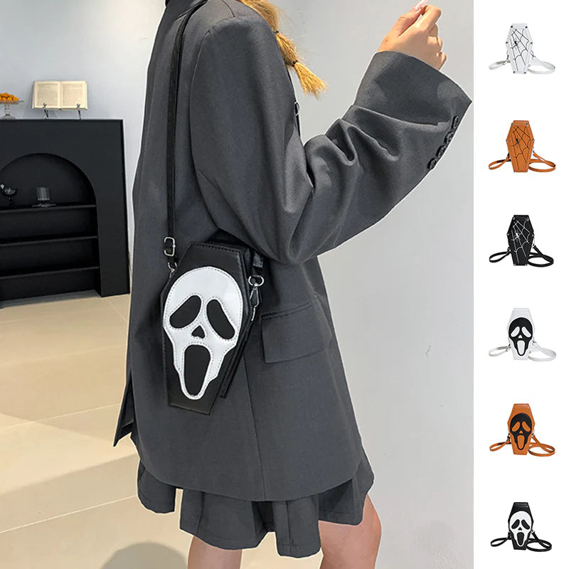 Halloween Coffin-Shape Shoulder Bag Gothic Ghost Spider Web Messenger Crossbody Bag Kids Personality Phone Bag for Women