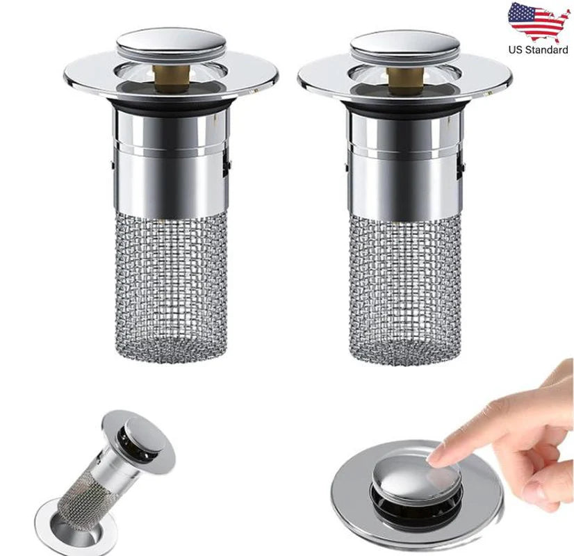 2PC Bathroom Sink Stopper,Bathroom Sink Drain Strainer , Pop up Stainless Steel Floor Drain Filter with Basket Hair Catcher, Quickly Drain Water